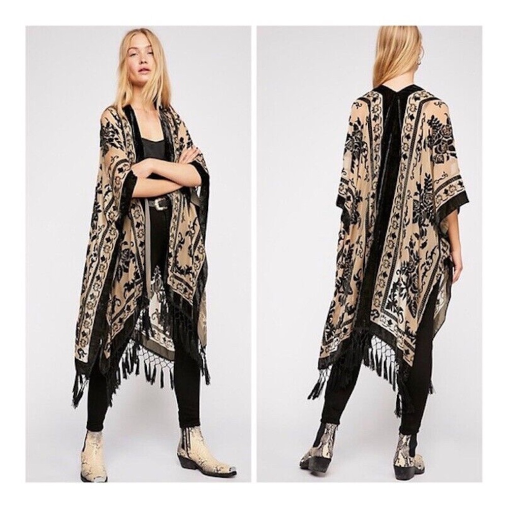 Free People Nightbird Black Cream Floral Fringe Kimono NWOT Size OS